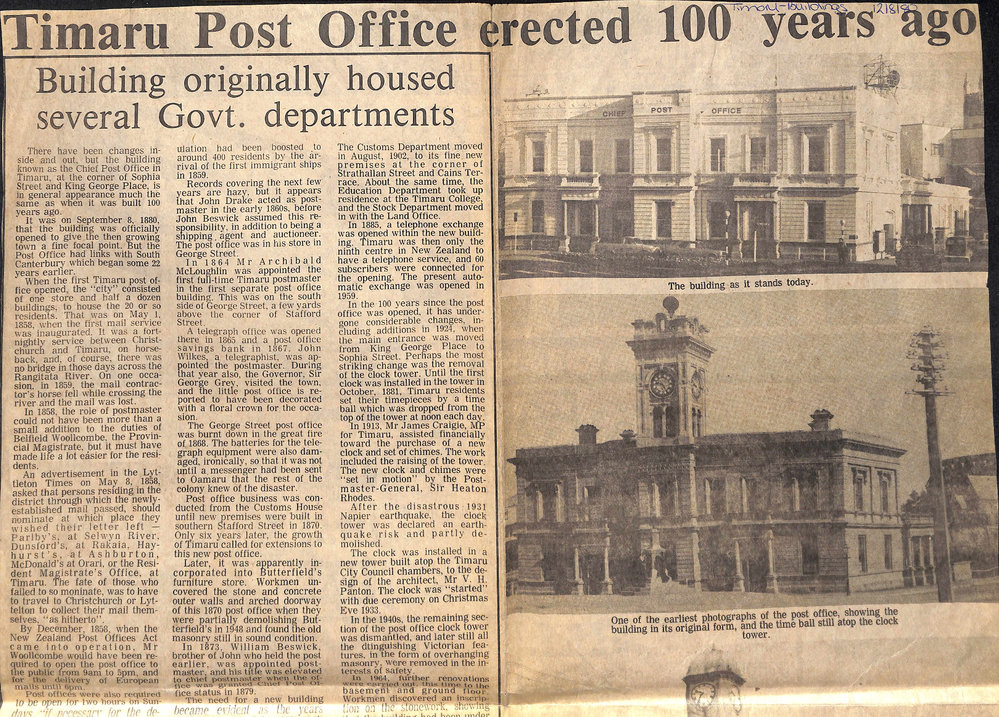 Timaru Post Office erected 100 years ago: Building originally housed several Govt departments