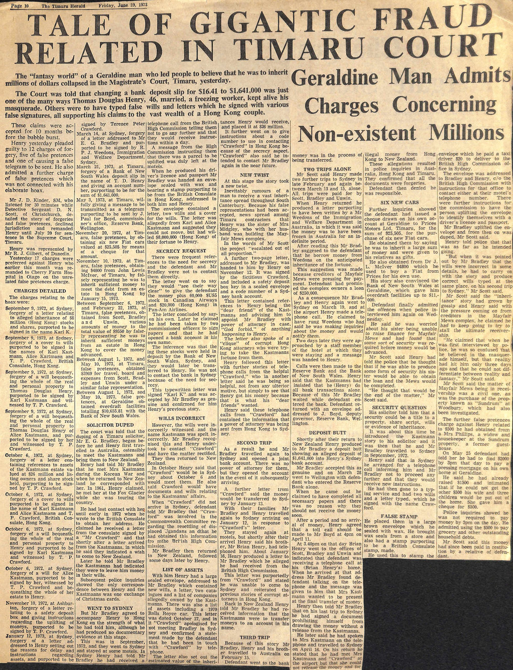 Tale of Gigantic Fraud Related In Timaru Court: Geraldine Man Admits Charges Concerning Non-existent Millions