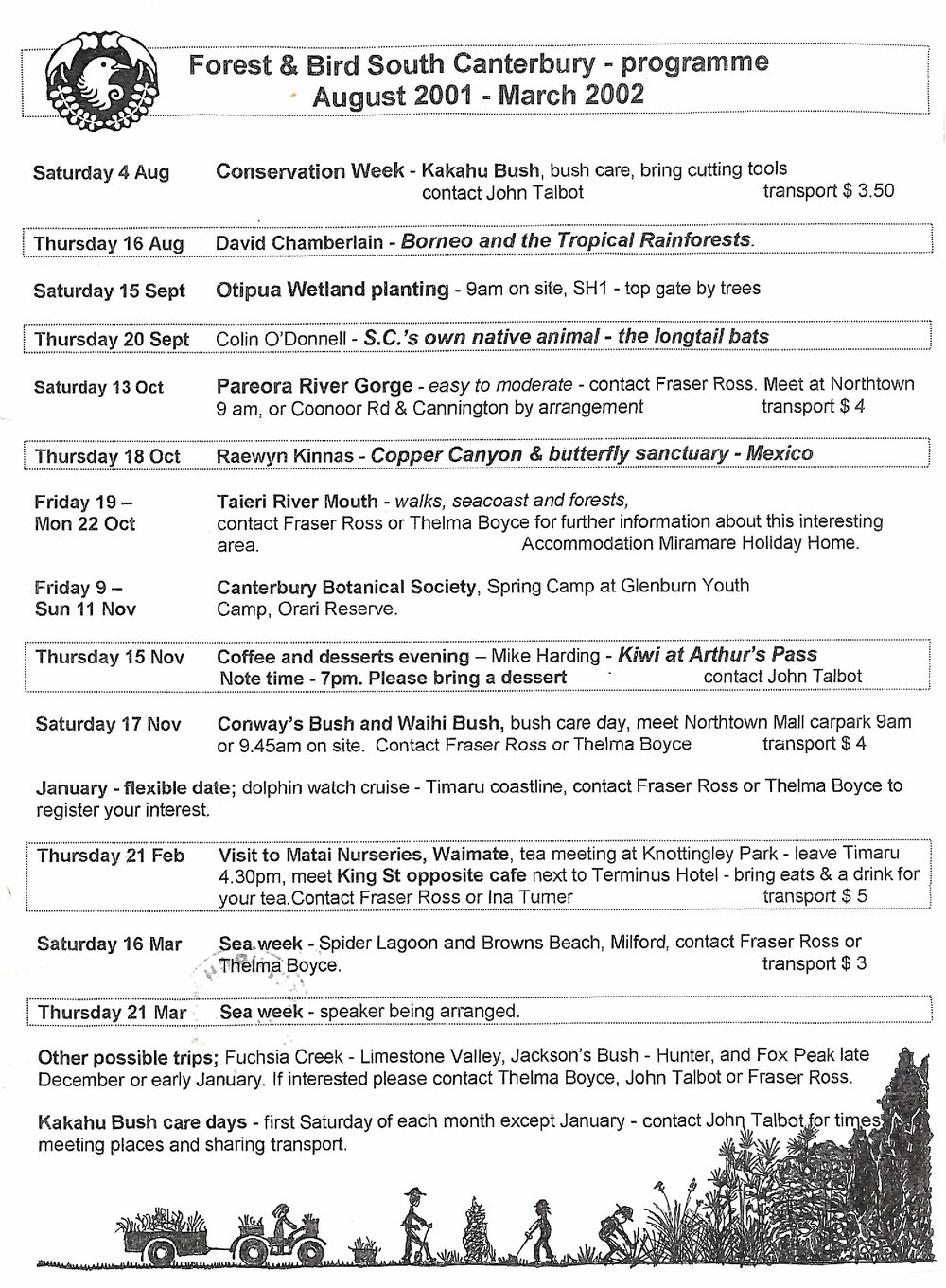 Forest and Bird SC Branch programme Aug 2001 - Mar 2002