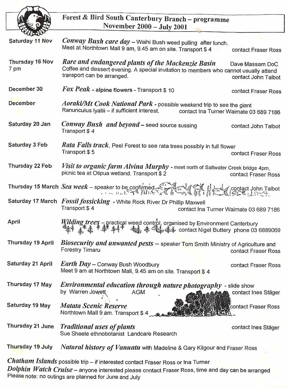 Forest and Bird SC Branch programme Nov 2000 - Jul 2001