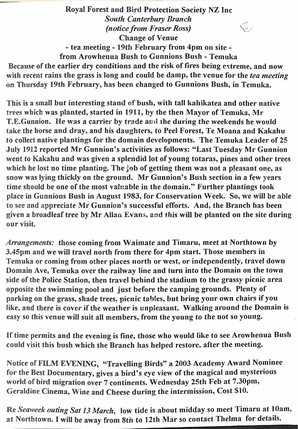 Royal Forest and Bird Protection Society, South Canterbury Branch (notice from Fraser Ross)