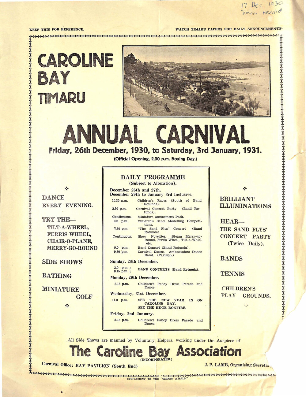 Caroline Bay Annual Carnival: Daily Programme 1930-31