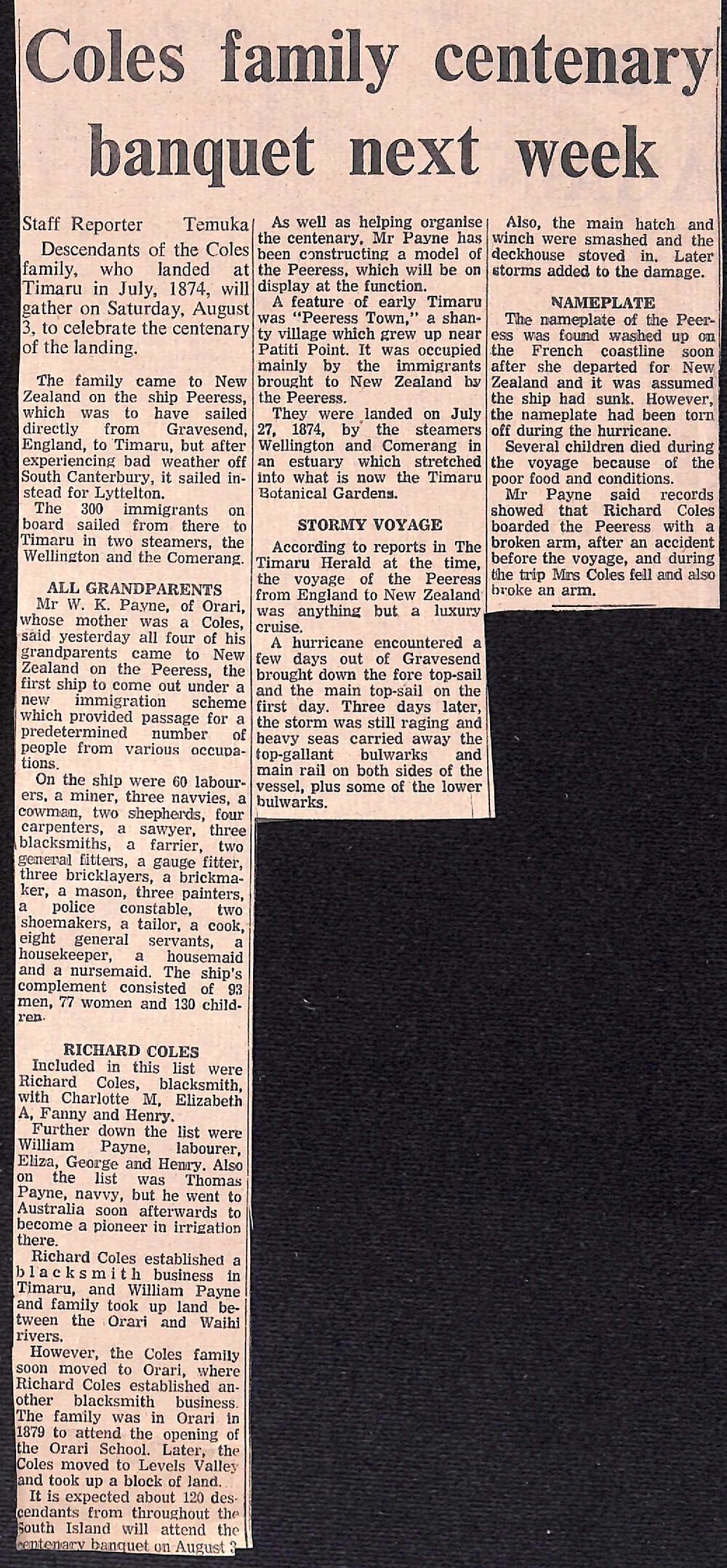 Coles family centenary banquet next week