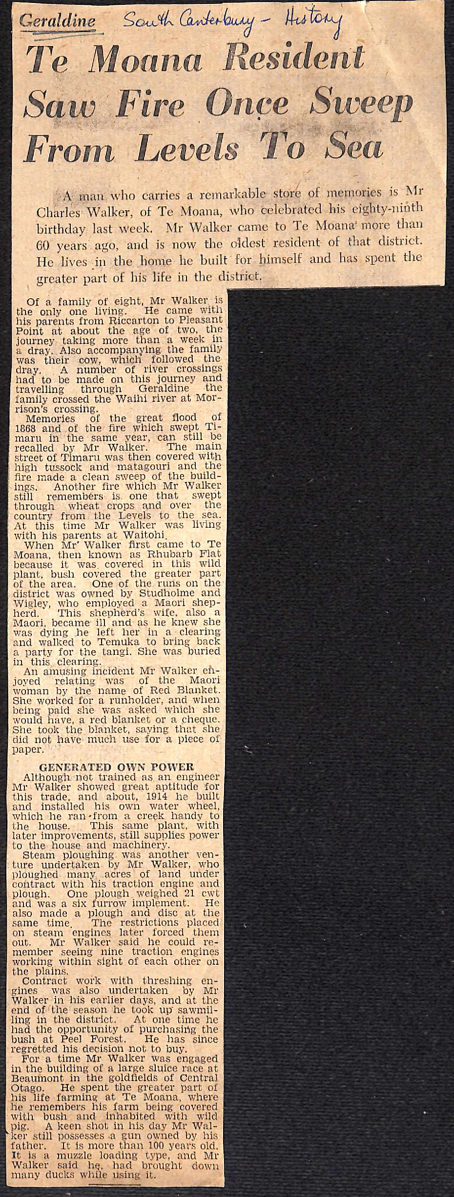 Geraldine: Te Moana Resident Saw Fire Once Sweep From Levels To Sea