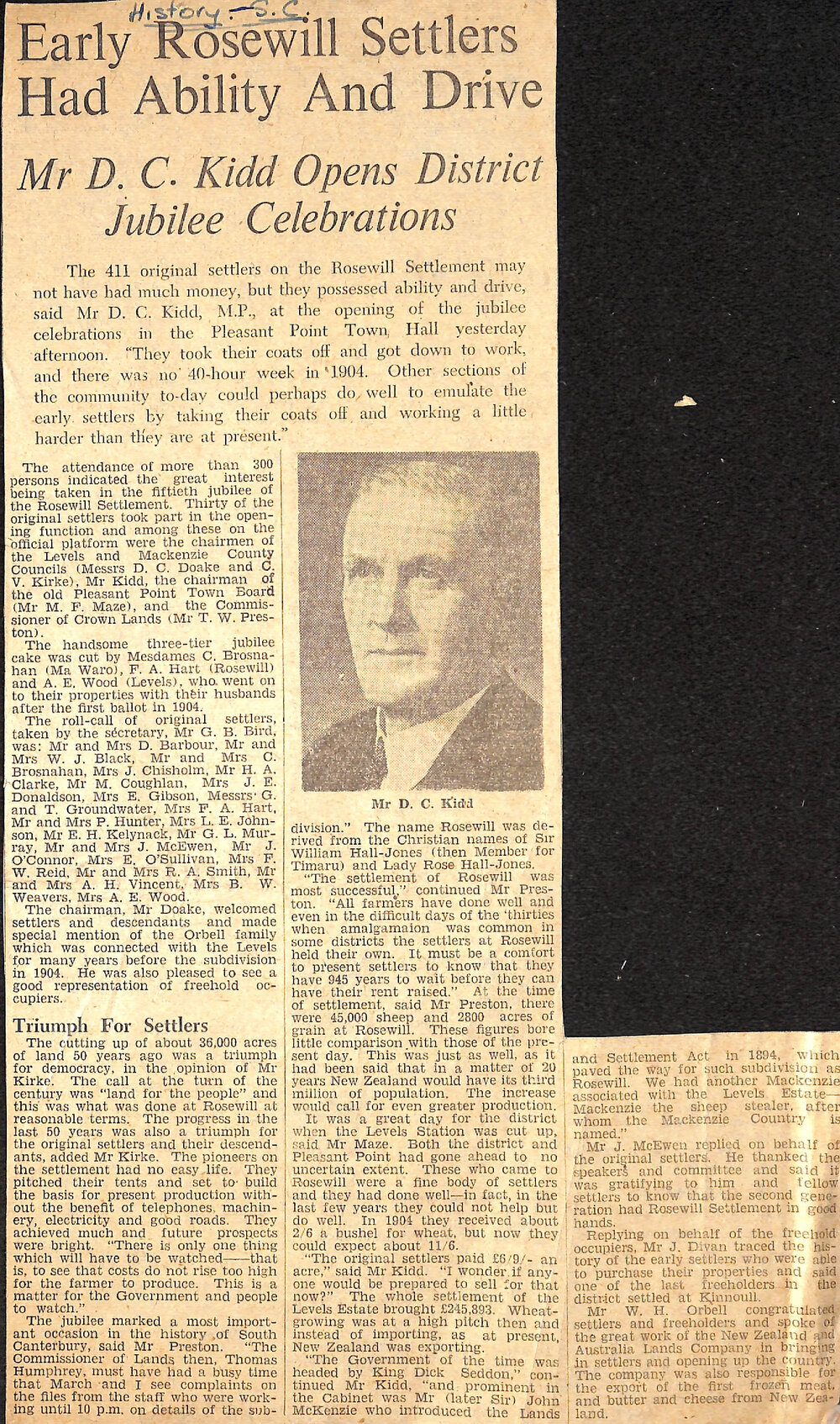 Early Rosewill Settlers Had Ability And Drive, Mr DC Kidd Opens District Jubilee Celebrations