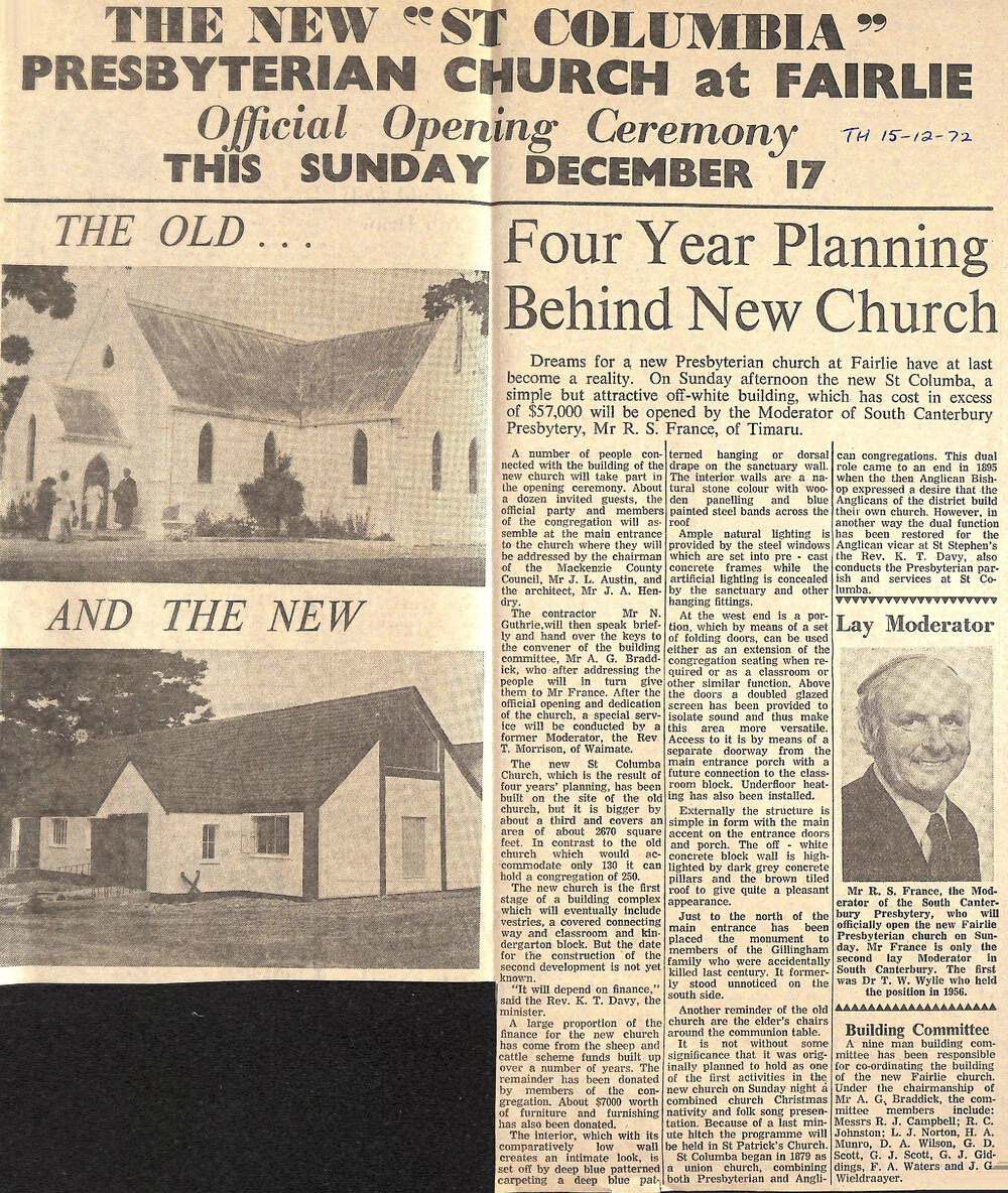 The New 'St Colomba' Presbyterian Church at Fairlie, Official Opening Ceremony This Sunday December 17, Four Year Planning Behind New Church