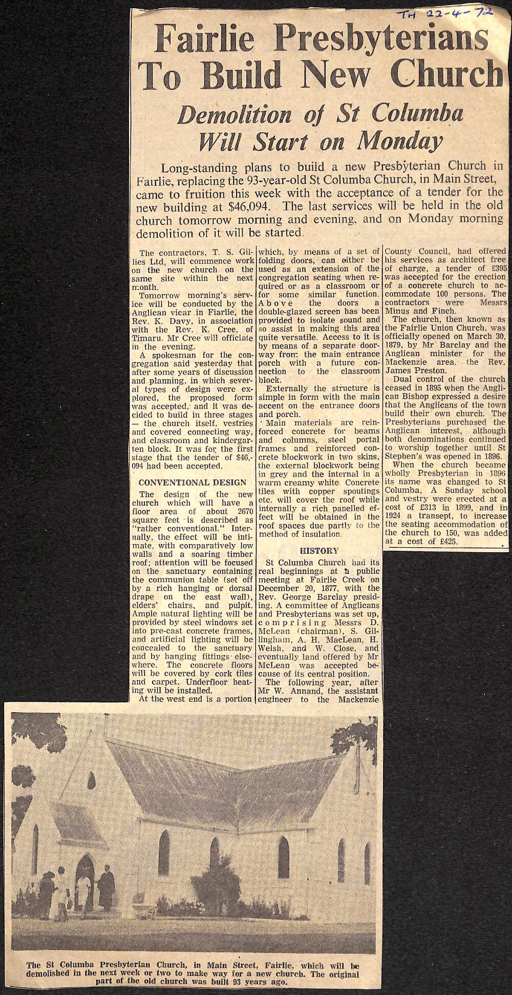 Fairlie Presbyterians To Build New Church, Demolition of St Columba Will Start on Monday