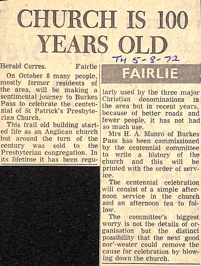 Fairlie: Church is 100 Years Old