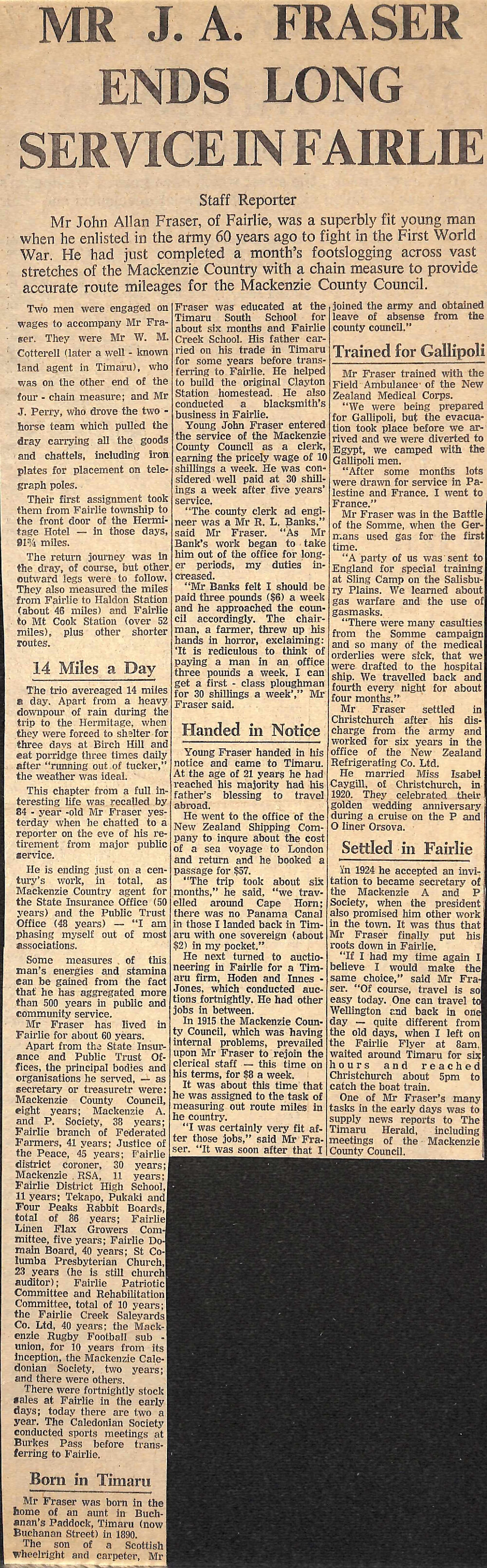 Mr J A Fraser Ends Long Service In Fairlie