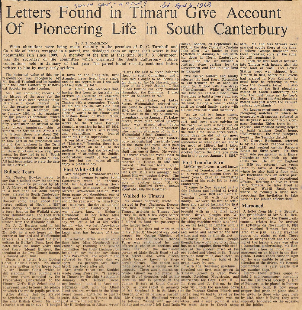 Letters Found in Timaru Give Account Of Pioneering Life in South Canterbury