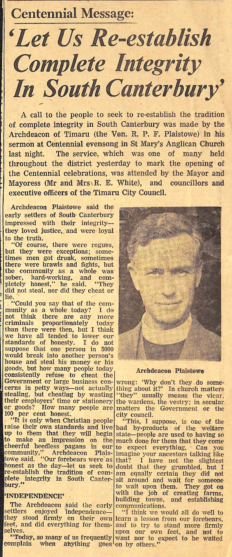 Centennial Message: 'Let Us Re-establish Complete Integrity In South Canterbury'