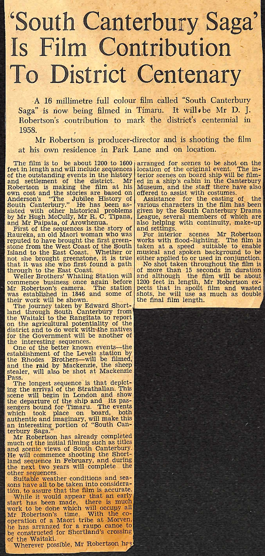  'South Canterbury Saga' Is Film Contribution To District Centenary