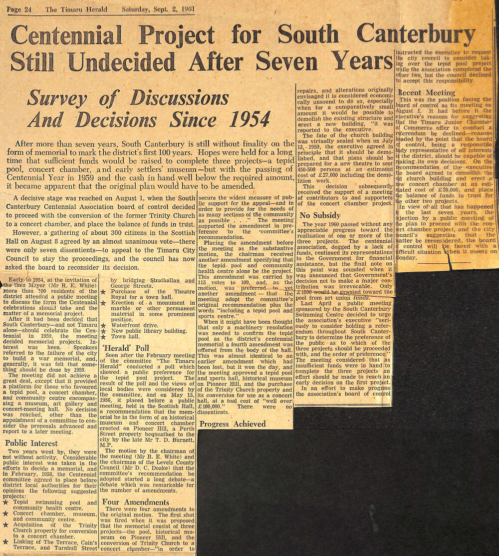 Centennial Project for South Canterbury Still Undecided After Seven Years, Survey of Discussions And Decisions Since 1954