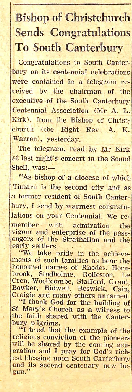 Bishop of Christchurch Sends Congratulations To South Canterbury