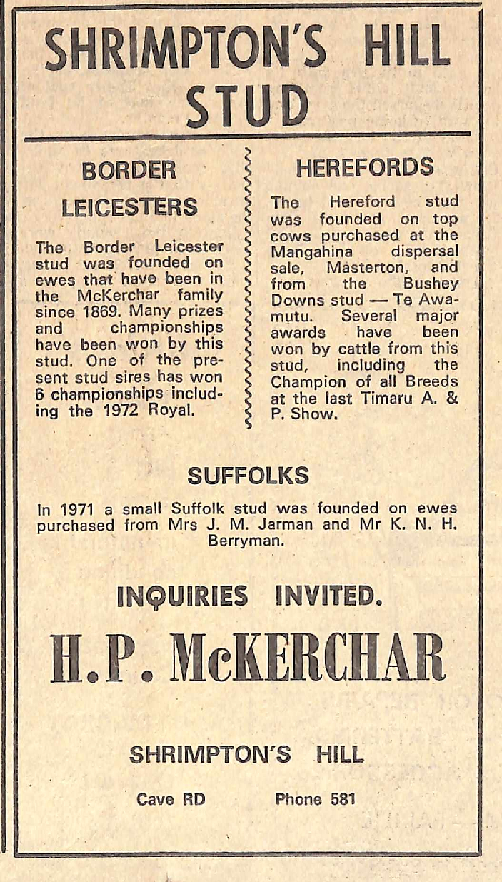 Shrimpton's Hill Stud advertisement