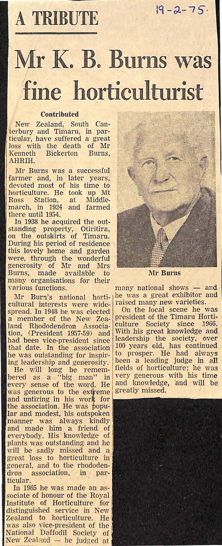 A Tribute: Mr K B Burns was fine horticulturist
