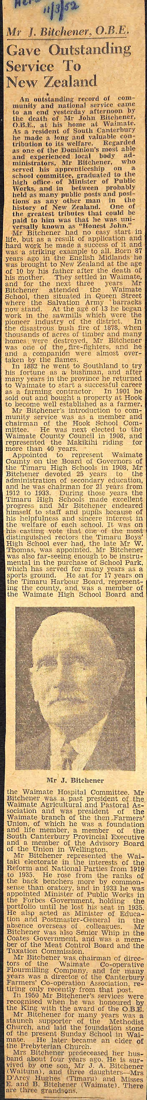 Mr J Bitchener, OBE: Gave Outstanding Service To New Zealand