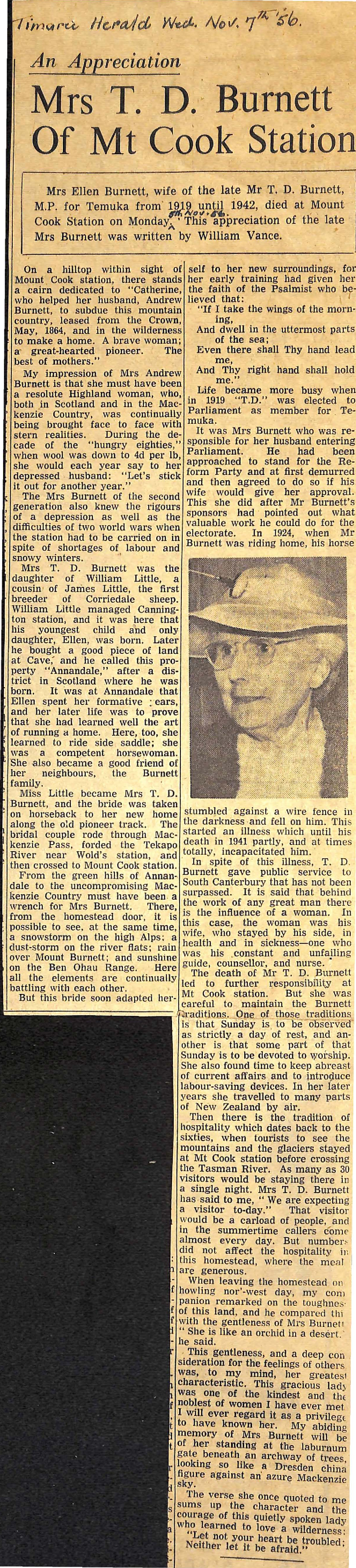 An Appreciation: Mrs T D Burnett Of Mt Cook Station