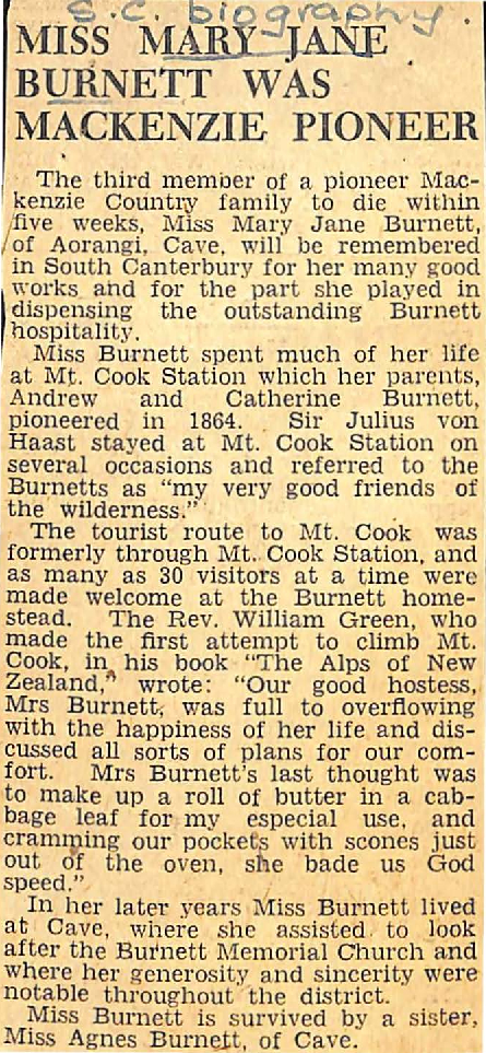 Miss Mary Jane Burnett Was Mackenzie Pioneer