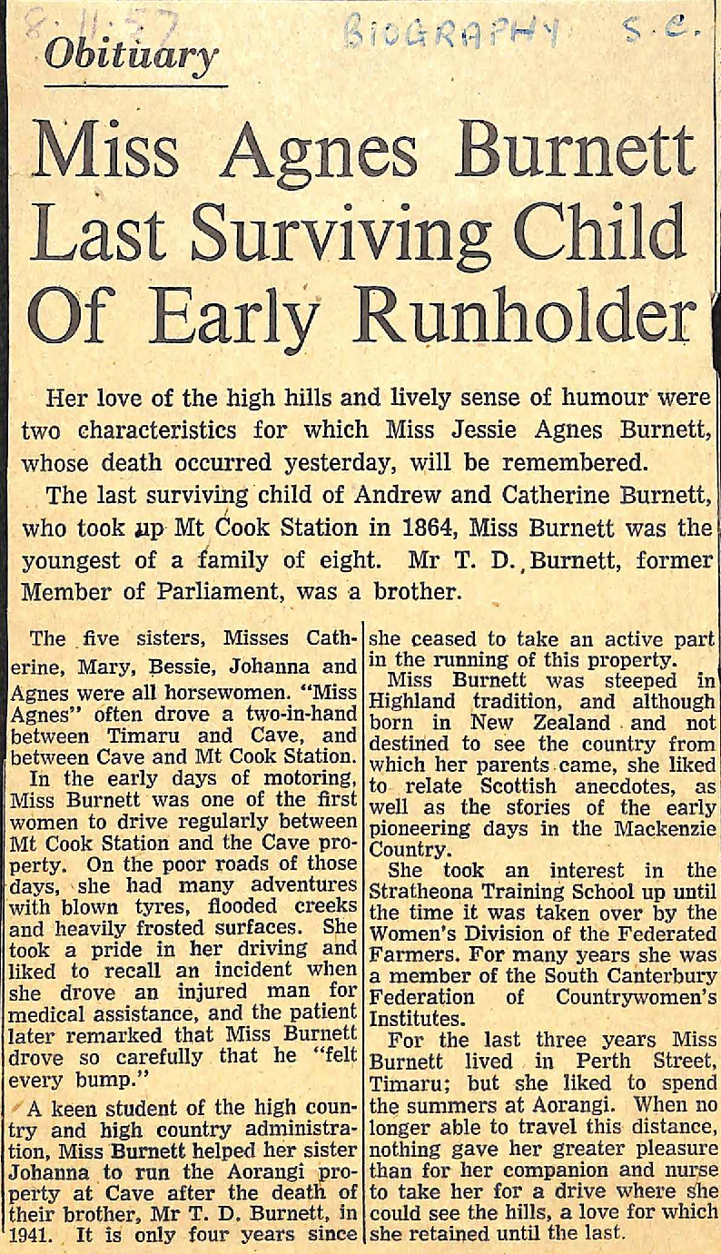 Obituary: Miss Agnes Burnett Last Surviving Child Of Early Runholder