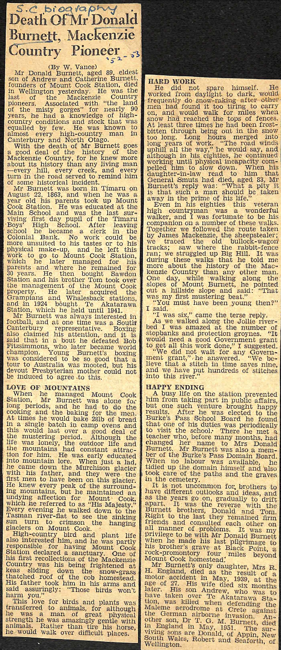 Death of Mr Donald Burnett, Mackenzie Country Pioneer