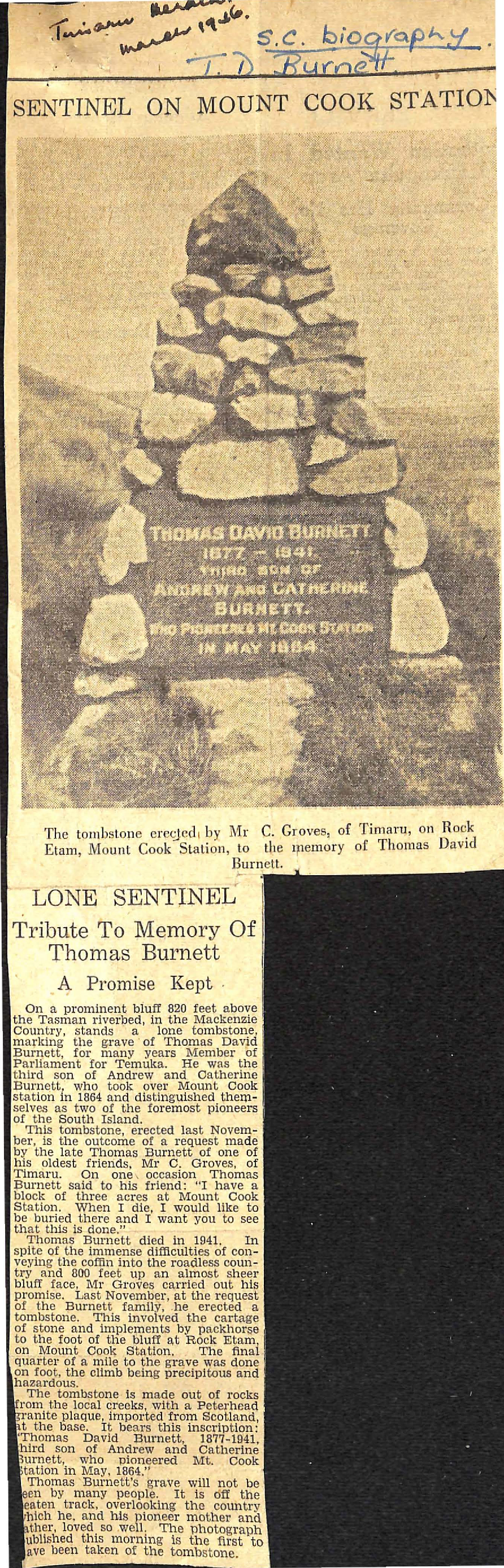 Sentinel on Mount Cook Station: Tribute To Memory of Thomas Burnett, A Promise Kept