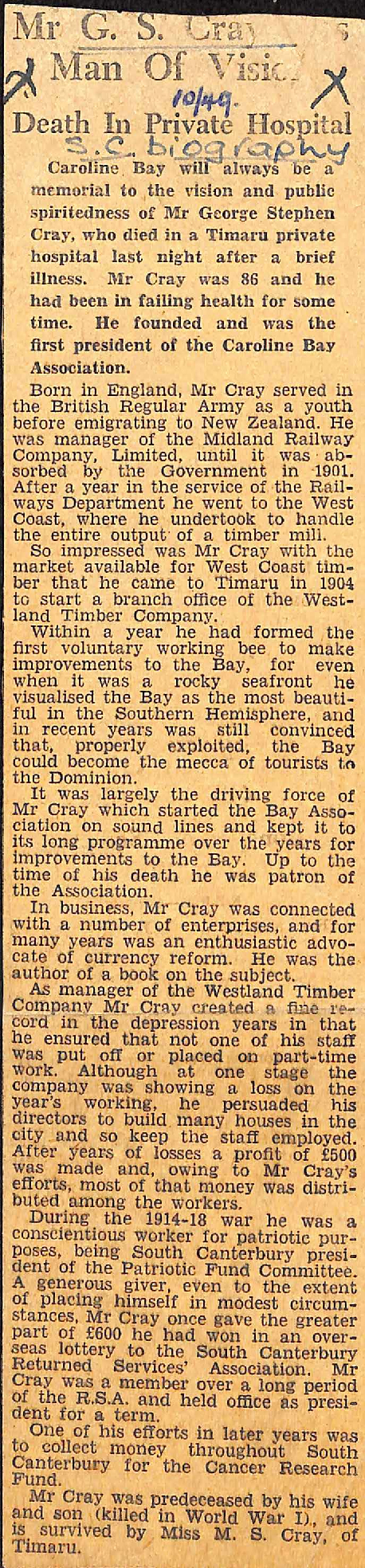 Mr G S Cray: Man Of Vision, Death In Private Hospital