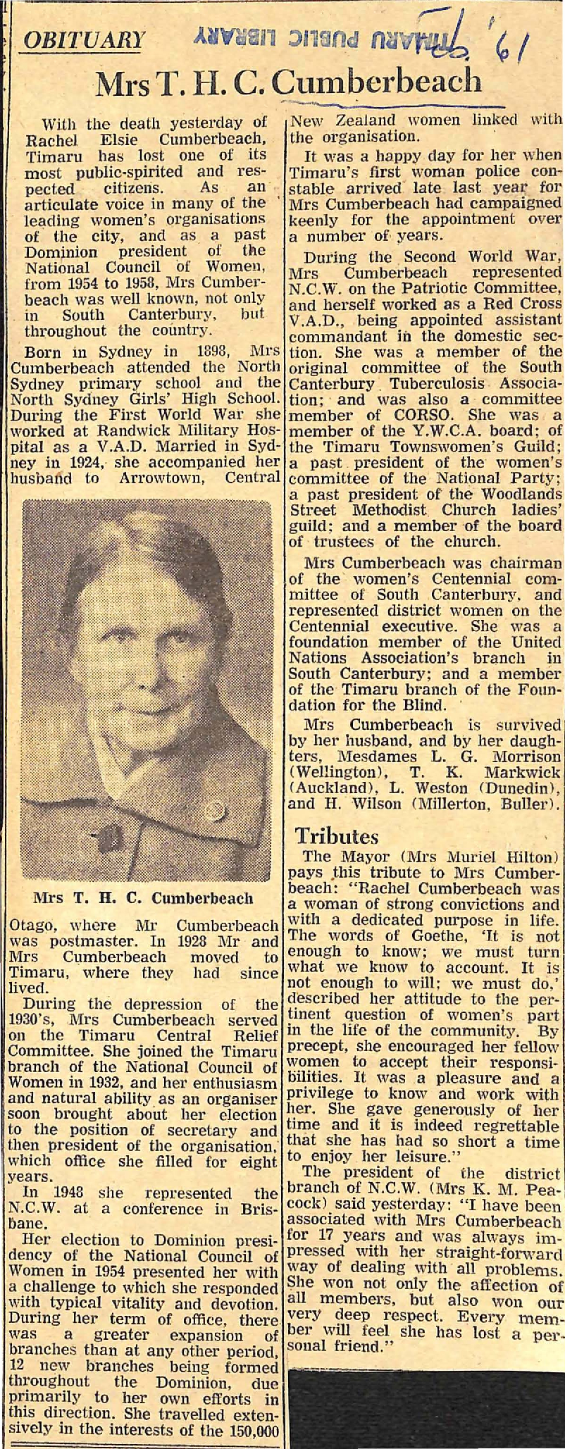 Obituary: Mrs T H C Cumberbeach