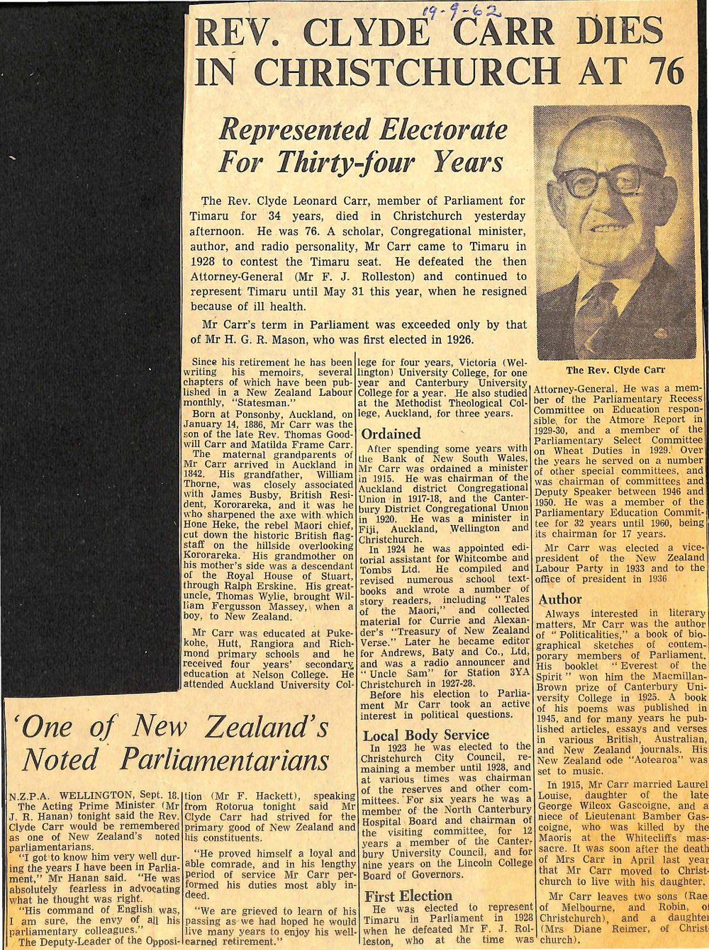 Rev Clyde Carr Dies In Christchurch At 76: Represented Electorate For Thirty-Four Years