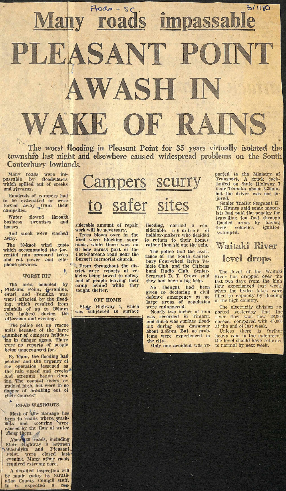 Many roads impassable: Pleasant Point awash in wake of rains, Campers scurry to safer sites