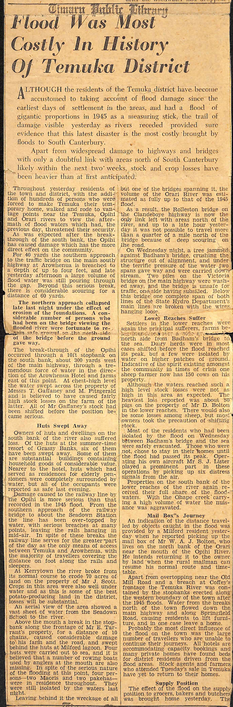 Flood Was Most Costly In History Of Temuka District