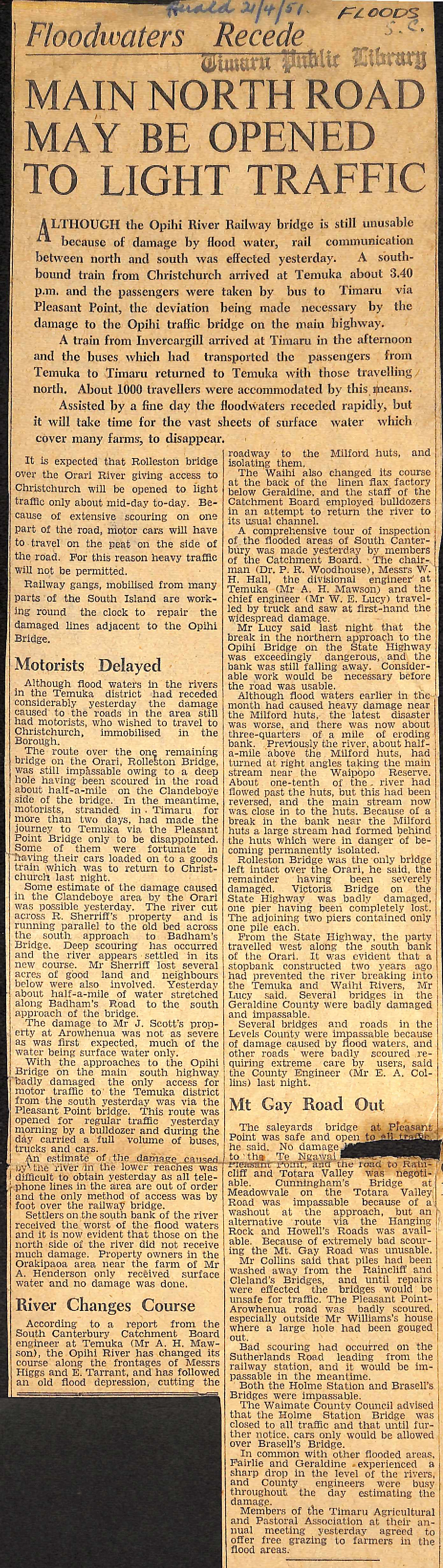 Floodwaters Recede: Main North Road May Not Be Opened To Light Traffic