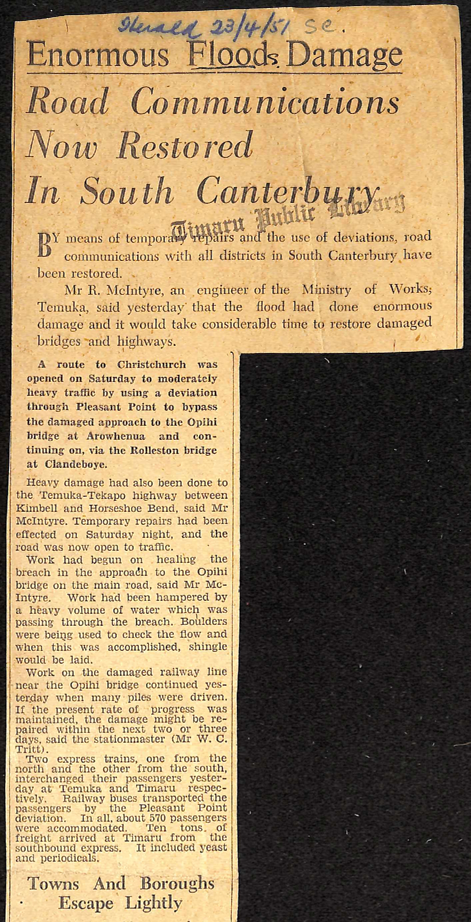 Enormous Flood Damage: Road Communications Now Restored In South Canterbury