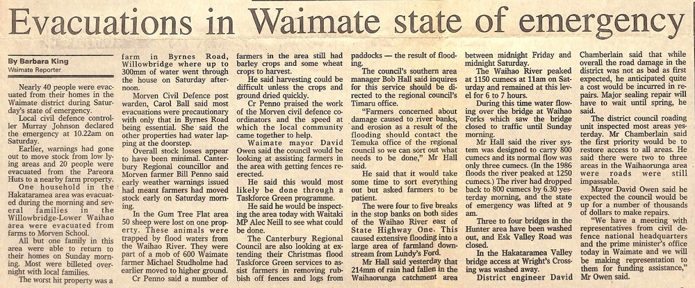 Evacuations in Waimate state of emergency