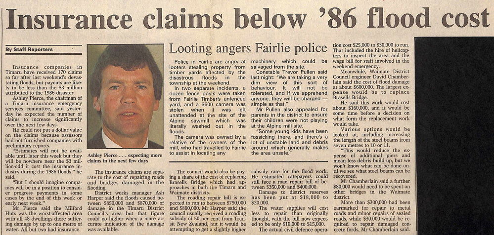 Insurance claims below '86 flood cost / Looting angers Fairlie police
