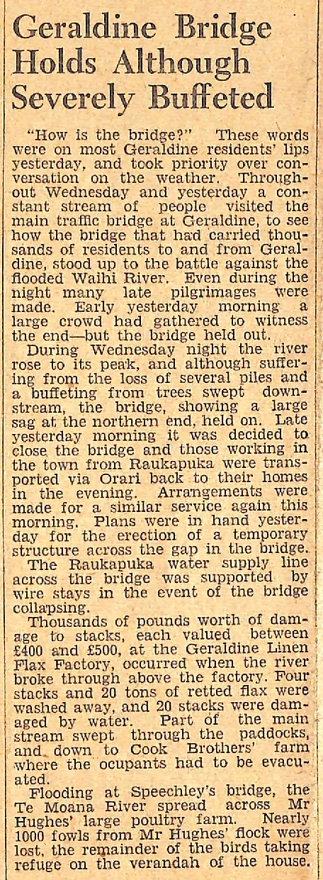 Geraldine Bridge Holds Although Severely Buffeted