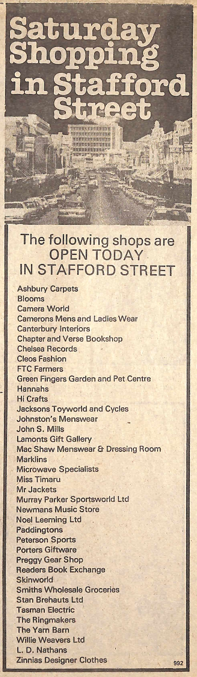 Saturday Shopping in Stafford Street (Timaru) advertisement