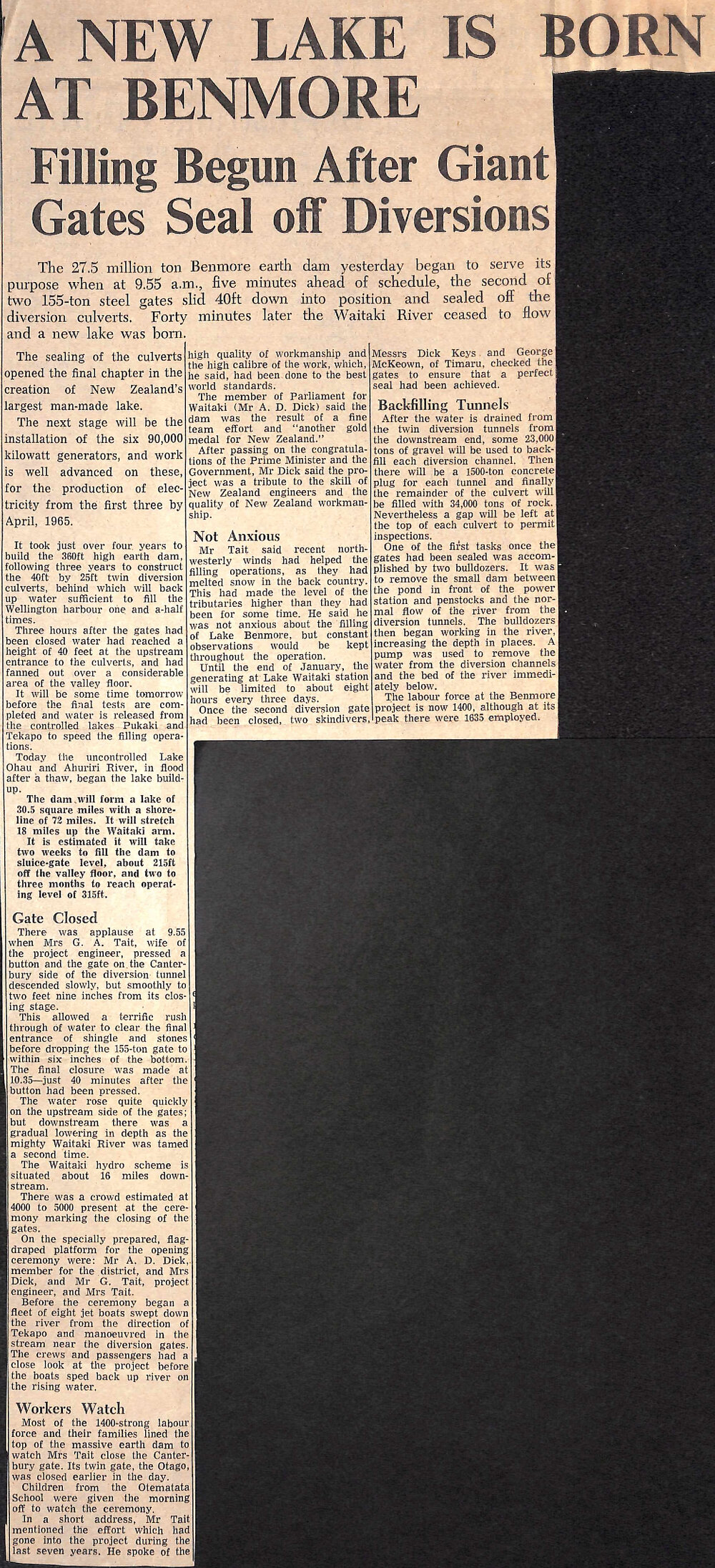 A New Lake Is Born At Benmore: Filling Begun After Giant Gates Seal Off Diversions