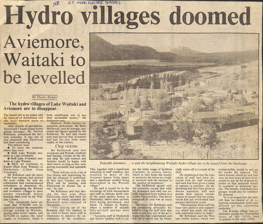 Hydro village doomed: Aviemore, Waitaki to be levelled