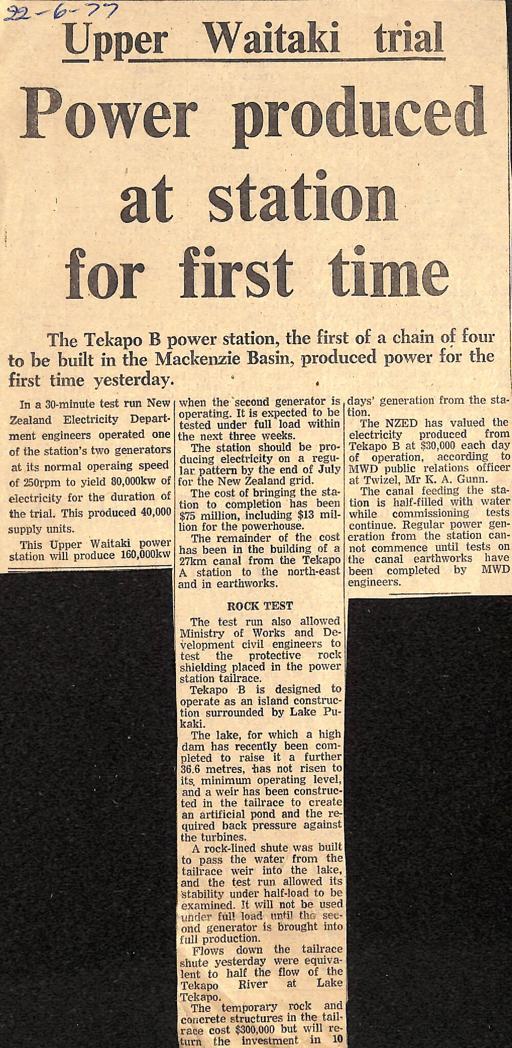 Upper Waitaki trial: Power produced at station for first time