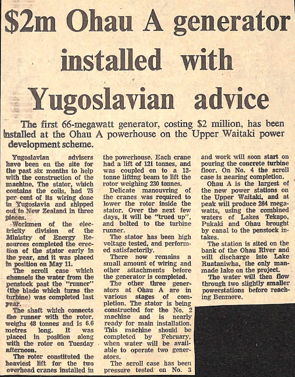 $2m Ohau A generator installed with Yugoslavian advice
