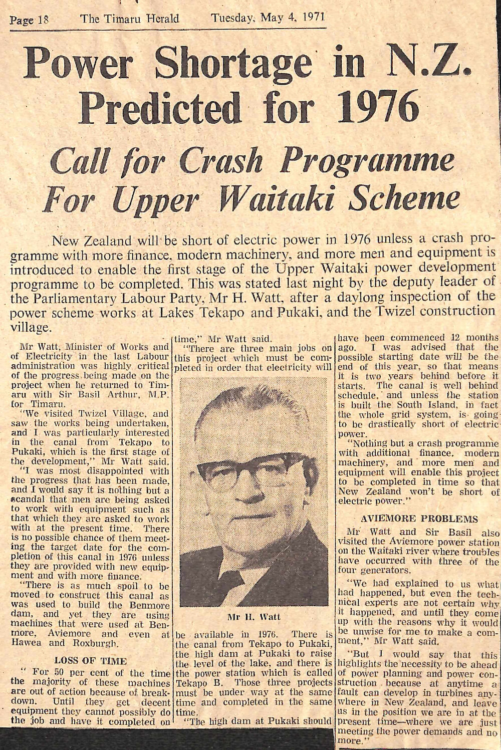 Power Shortage in NZ Predicted for 1976, Call for Crash Programme For Upper Waitaki Scheme