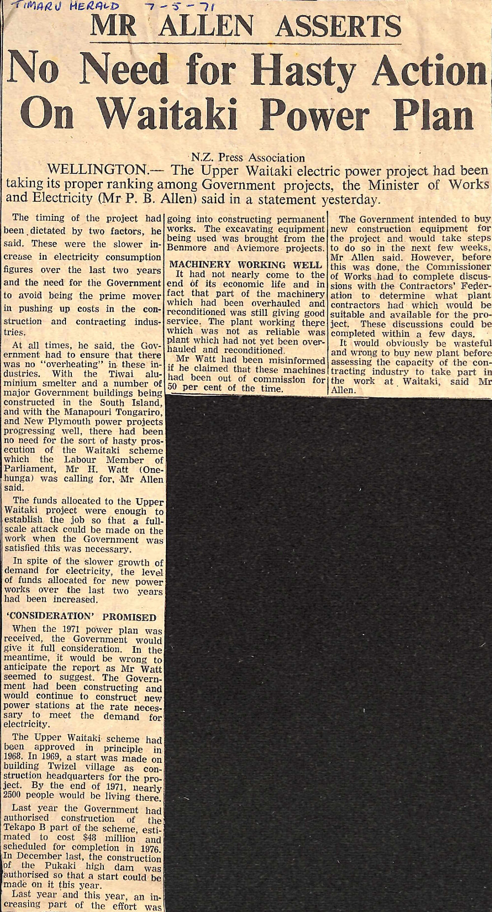 Mr Allen Asserts, No Need for Hasty Action On Waitaki Power Plan