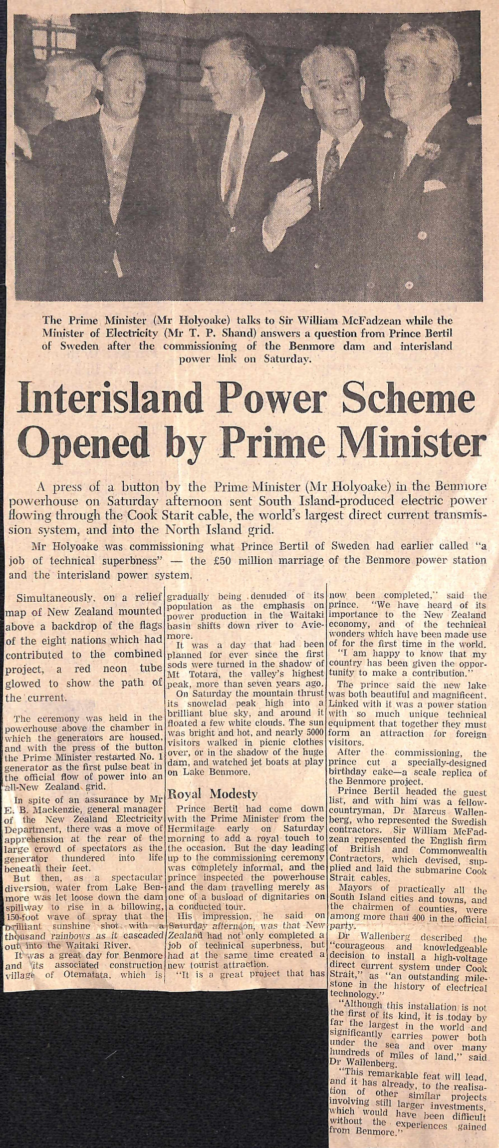 Interisland Power Scheme Opened by Prime Minister
