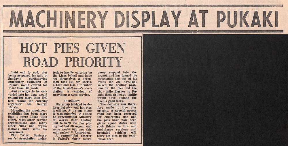 Machinery Display at Pukaki / Hot Pies Given Road Priority