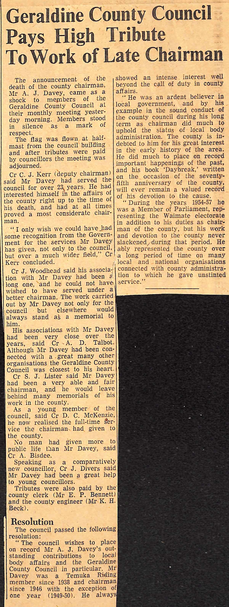 Geraldine County Council Pays High Tribute To Work of Late Chairman