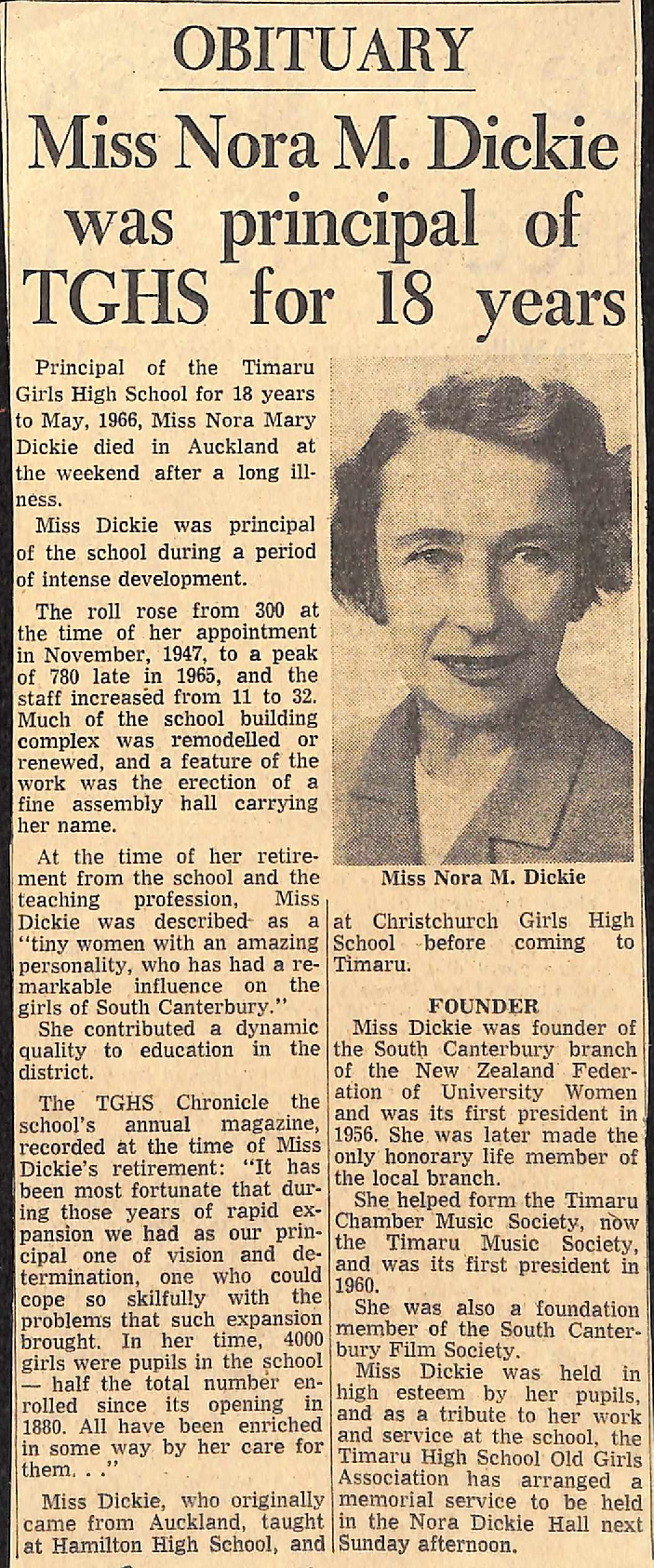 Obituary: Miss Nora M Dickie was principal of TGHS for 18 years