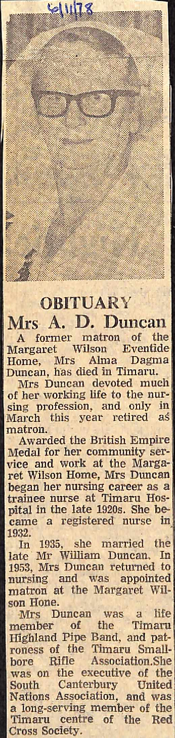 Obituary: Mrs A D Duncan