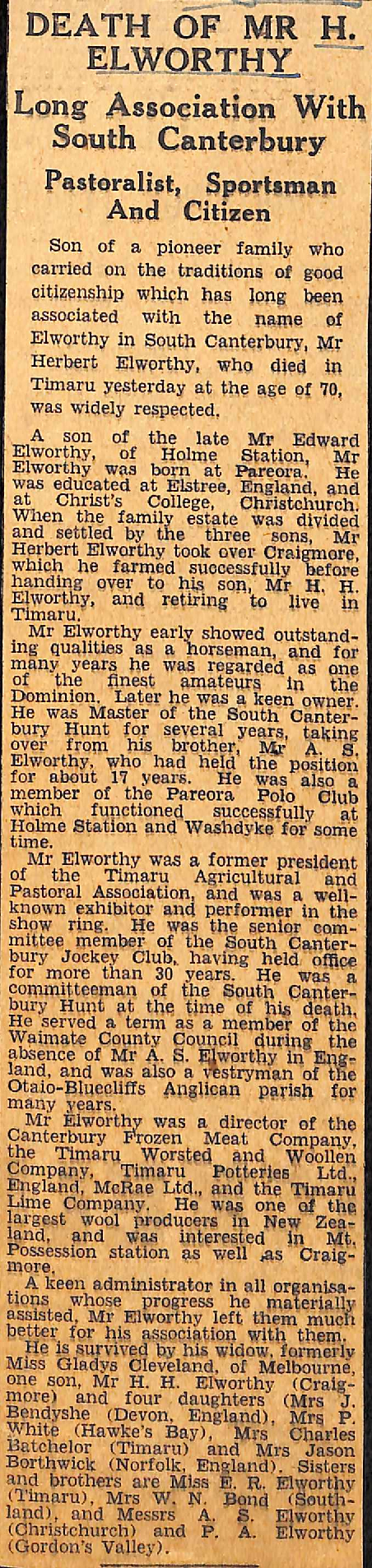 Death of Mr H Elworthy: Long Association With South Canterbury