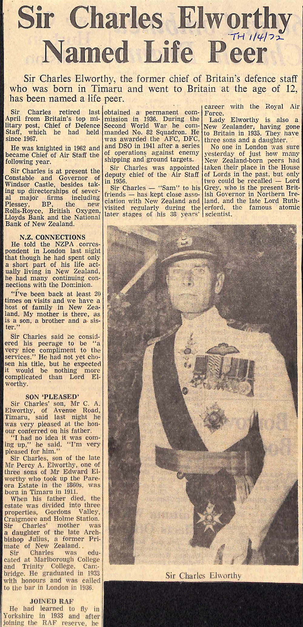 Sir Charles Elworthy Named Life Peer